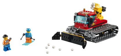 LEGO City Snow Groomer 60222 toy set featuring snow vehicle, skier mini figure, and snowballs for creative play.