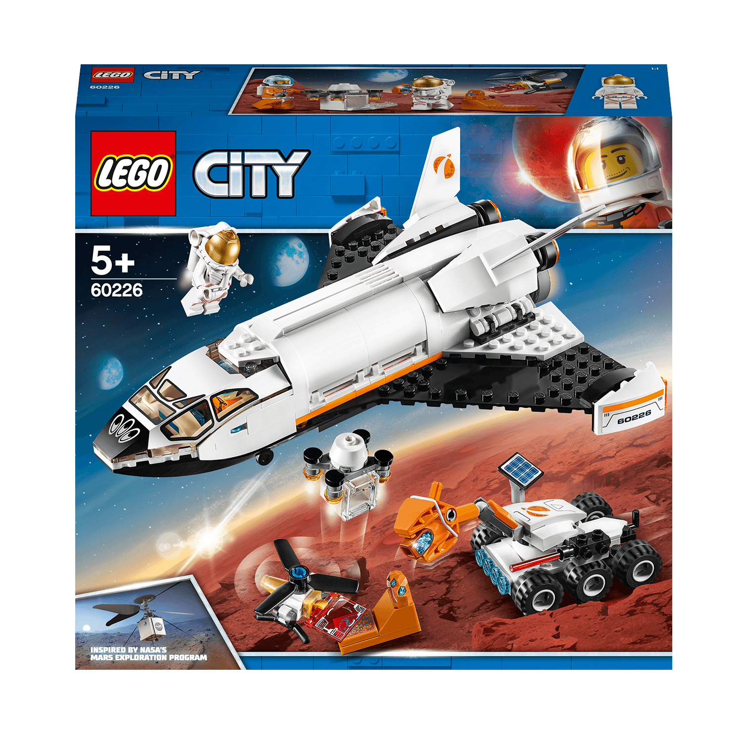 LEGO® City Mars Research Shuttle playset 60226 with astronauts, rover, and rocket drone for space adventures.