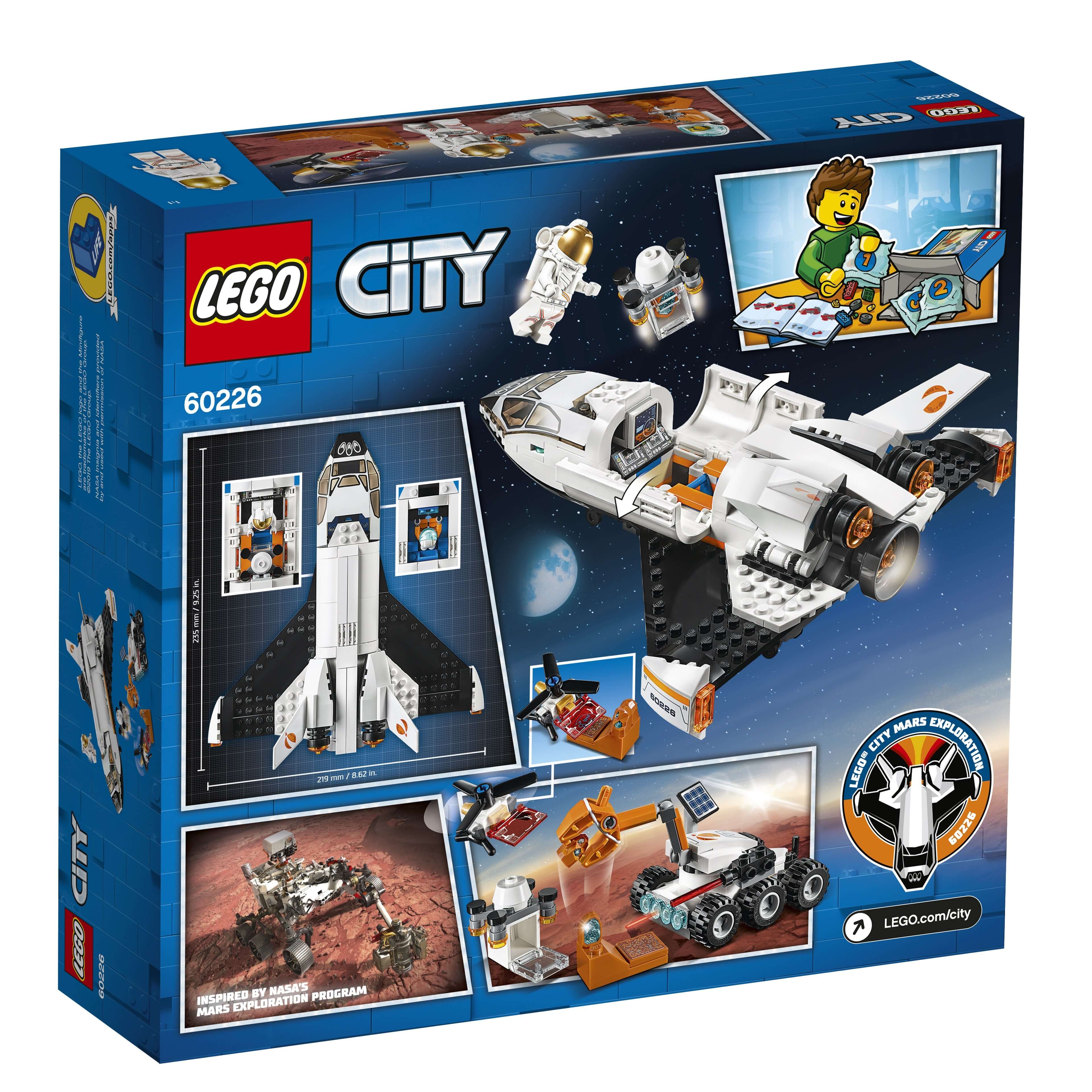 LEGO® City 60226 Mars Research Shuttle box art featuring astronauts, drone, and rover for space exploration.