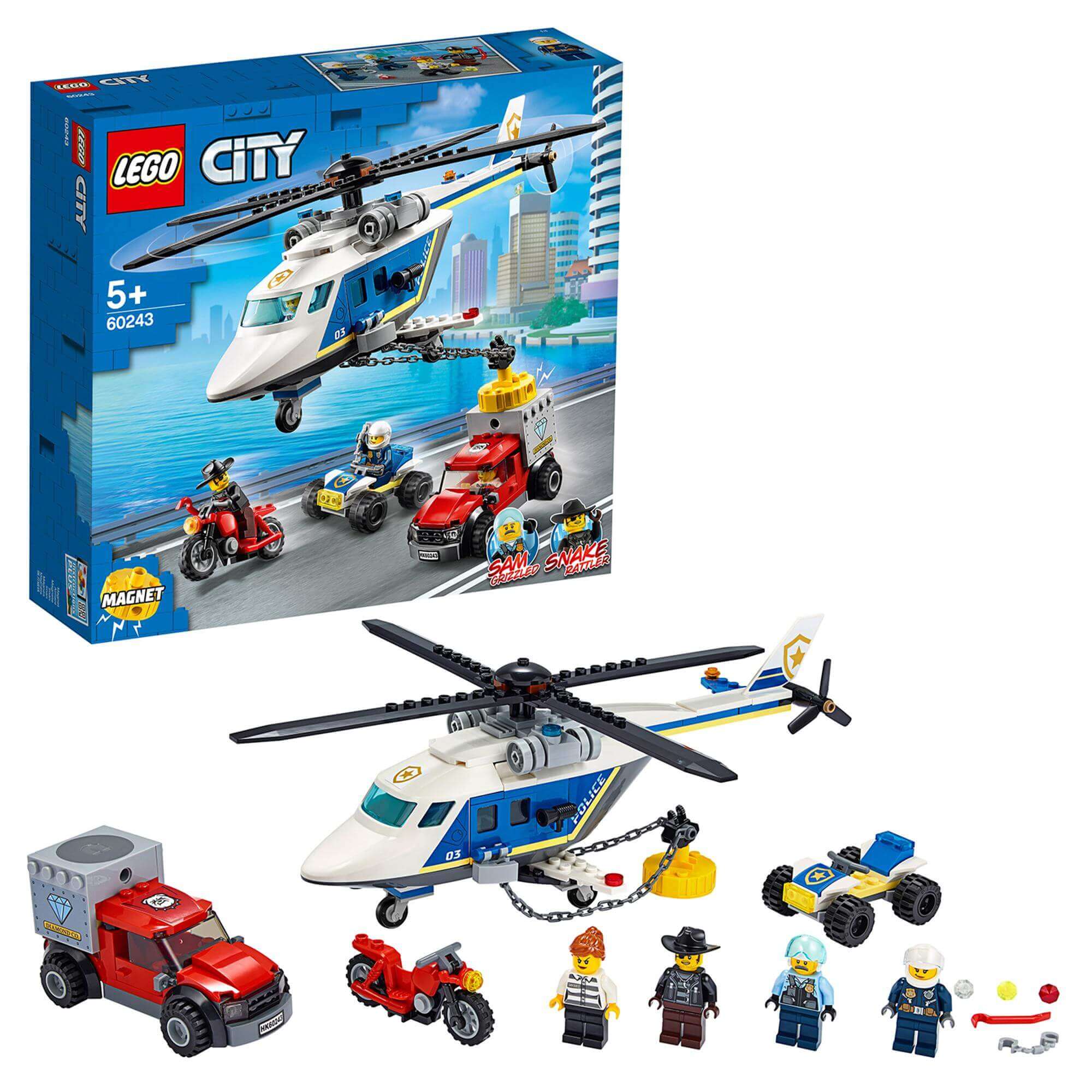 LEGO City Police Helicopter Chase Set 60243 with helicopter, trucks, and mini figures for kids 5+.