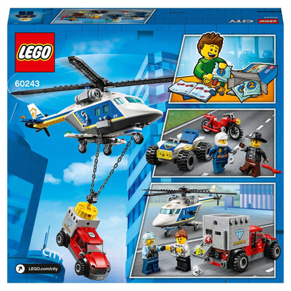 LEGO City Police Helicopter Chase Set 60243 featuring a helicopter, getaway truck, and minifigures for exciting play.