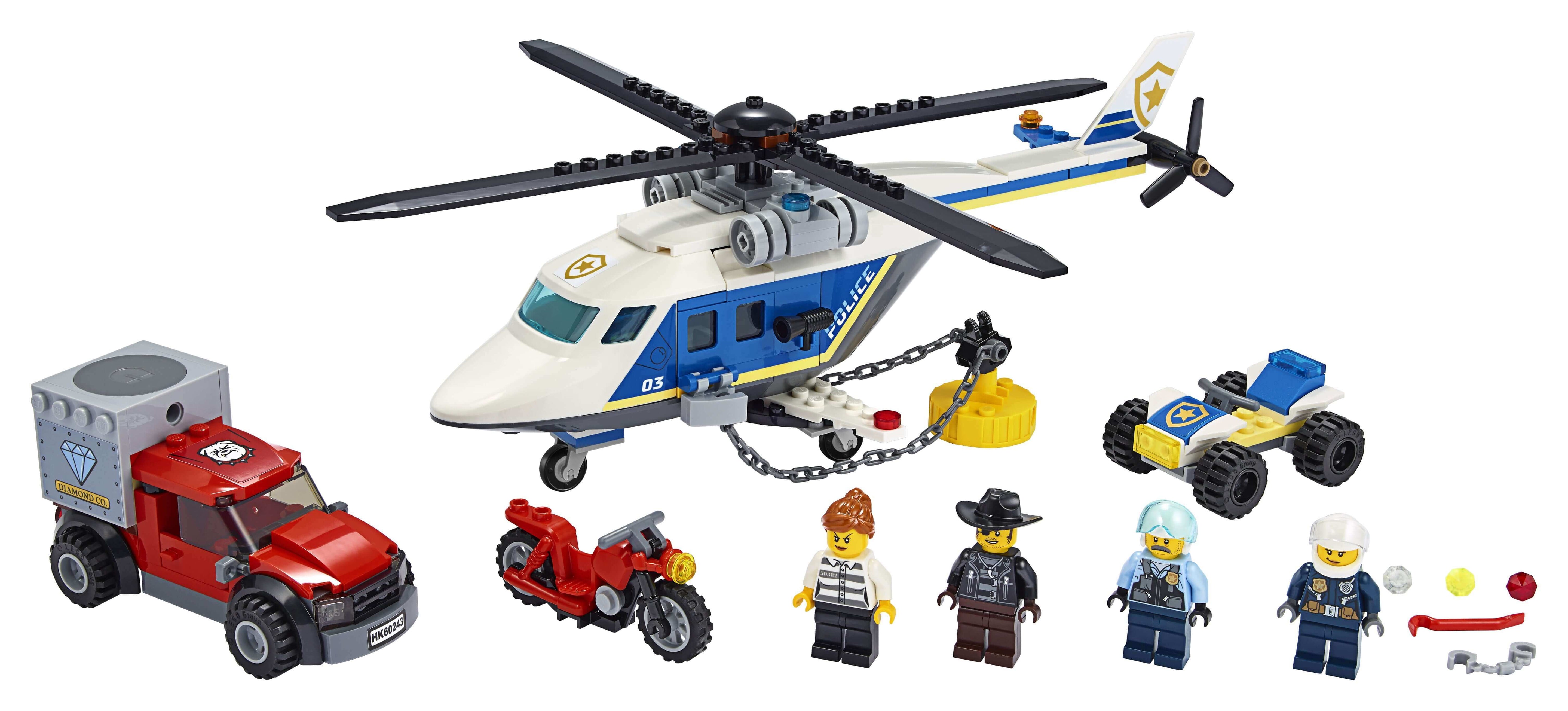 LEGO® City Police Helicopter Chase Set 60243 featuring a helicopter, getaway truck, and mini-figures for exciting play.