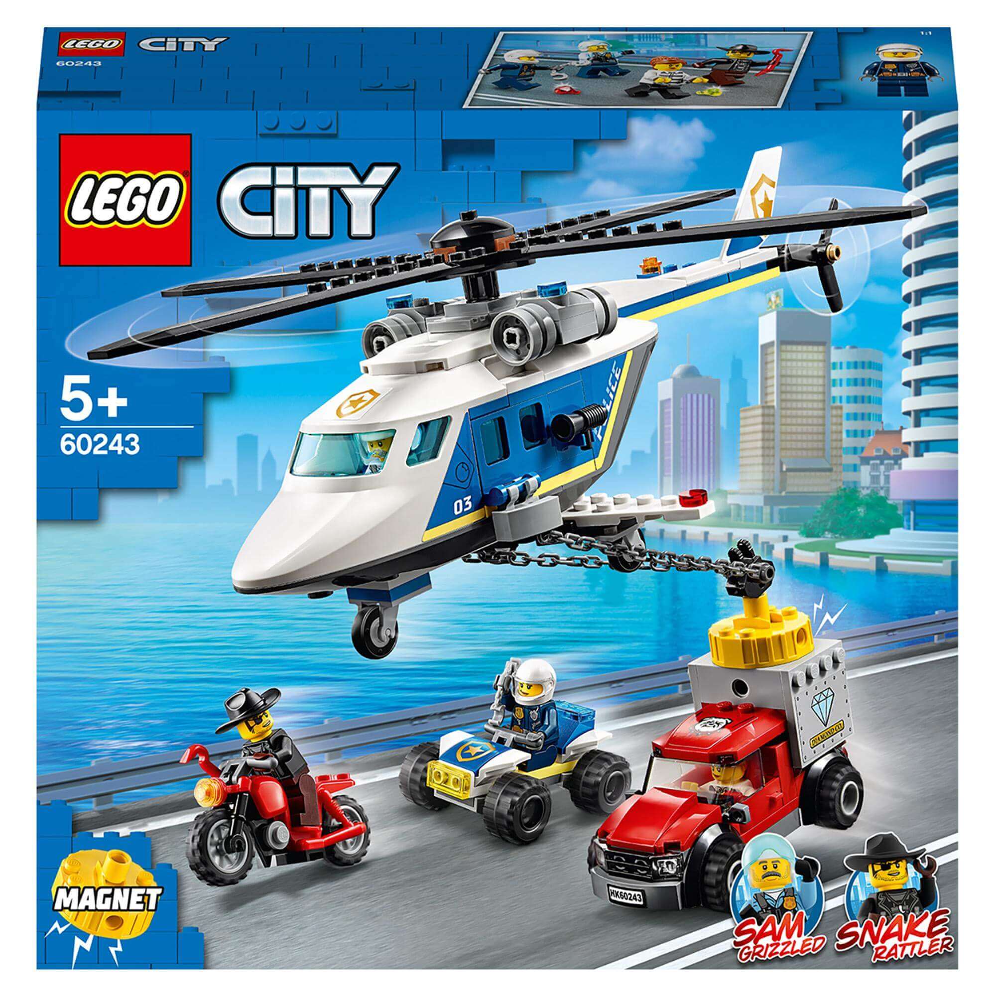 LEGO City Police Helicopter Chase Set 60243 with toy helicopter and magnet for car-chase play.