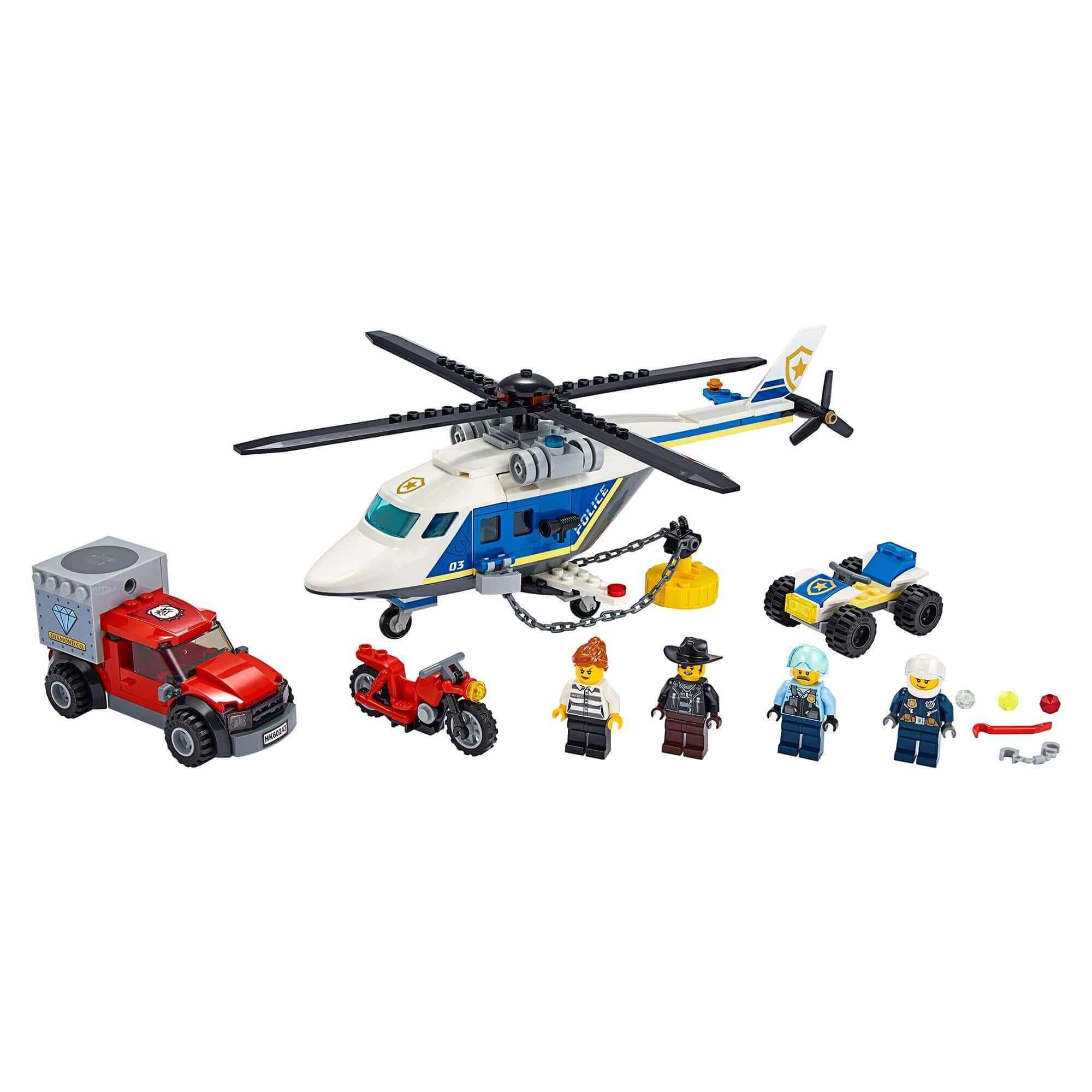 LEGO City Police Helicopter Chase set 60243 featuring helicopter, truck, and mini-figures in action-packed scene.