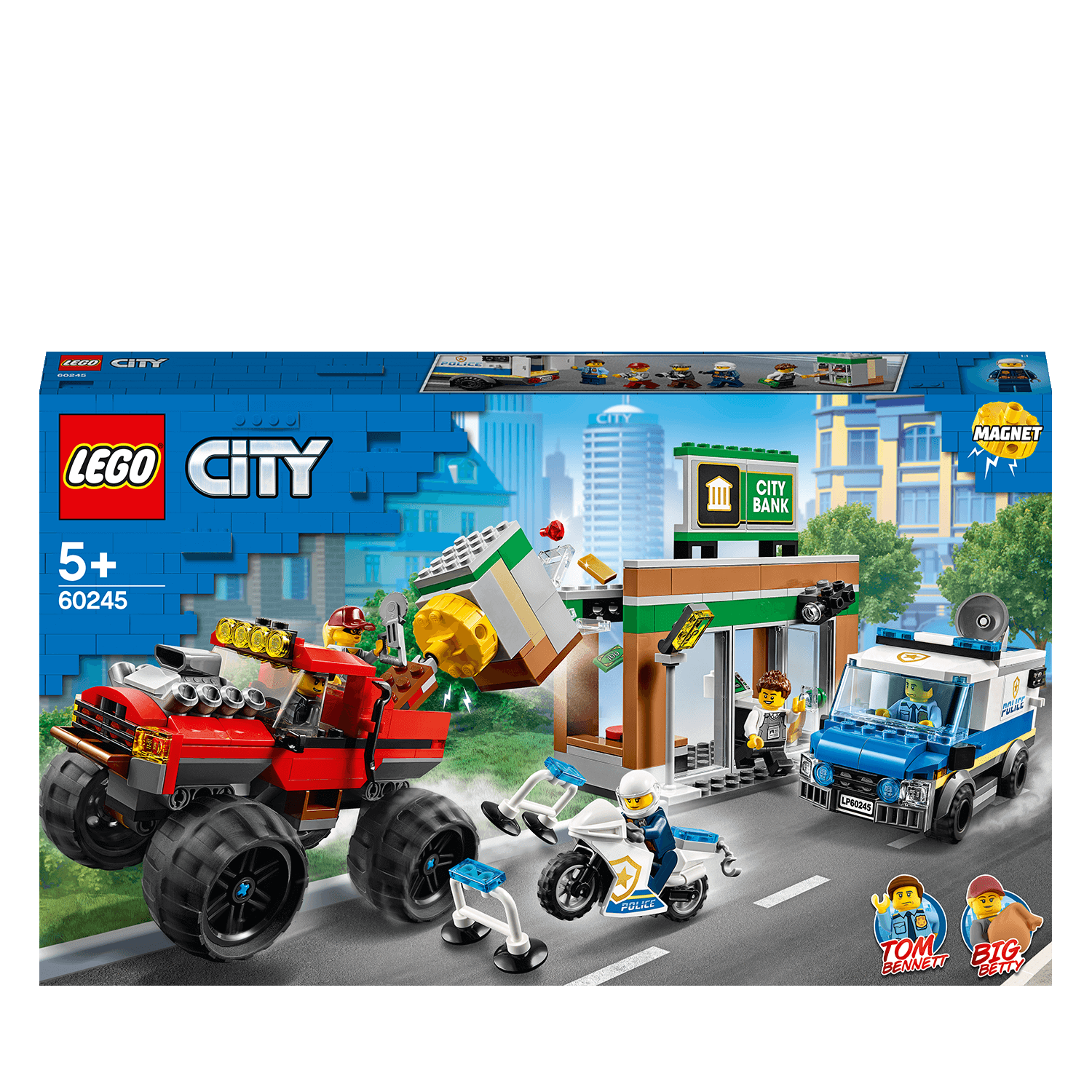 LEGO® City Police Monster Truck Heist set 60245 with bank, characters, and truck for imaginative play.