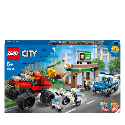 LEGO® City Police Monster Truck Heist set 60245 with bank, characters, and truck for imaginative play.