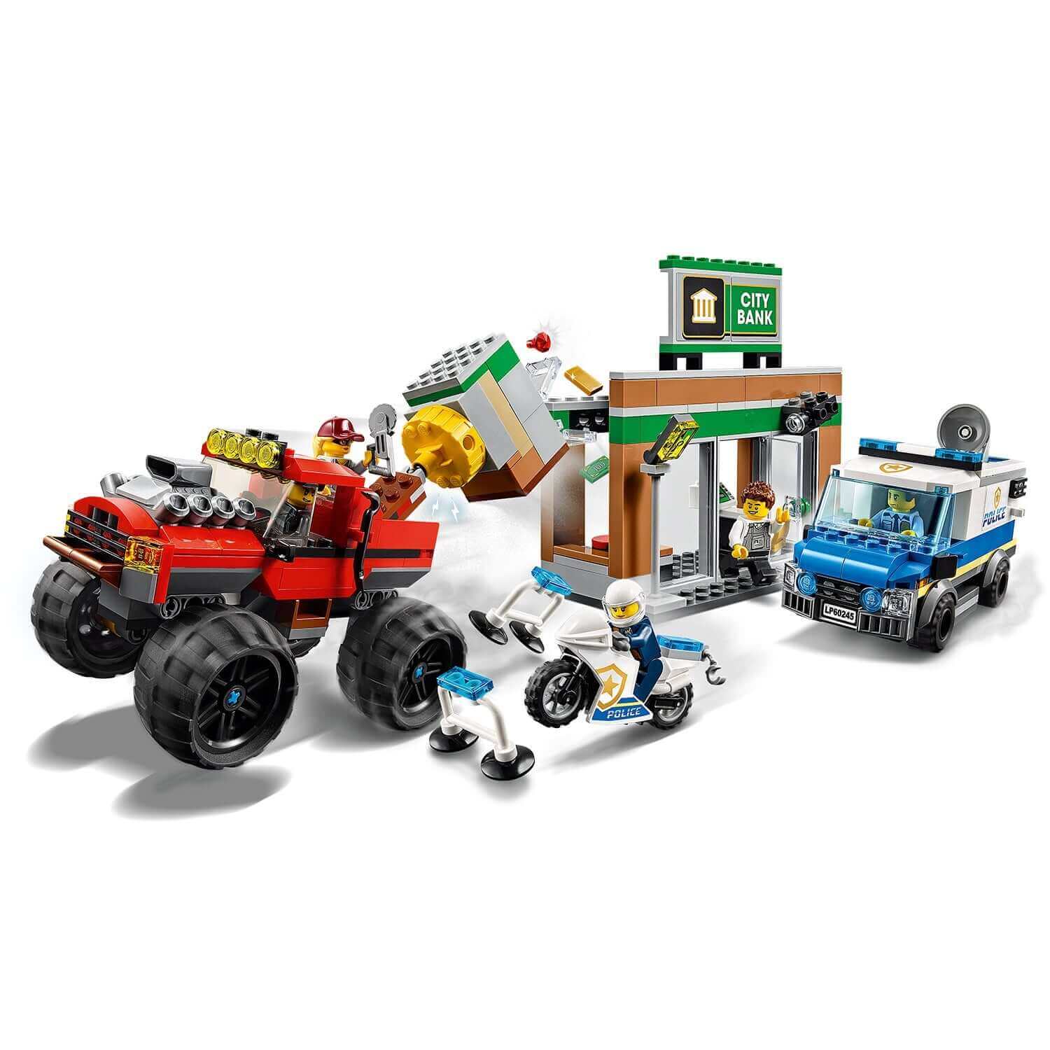 LEGO® City Police Monster Truck Heist set featuring a monster truck, bank, and police vehicles for kids' adventures.