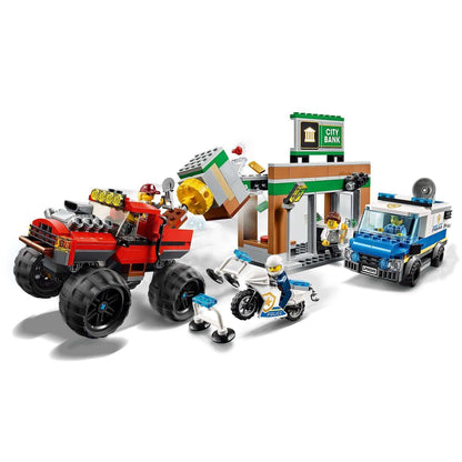 LEGO® City Police Monster Truck Heist set featuring a monster truck, bank, and police vehicles for kids' adventures.