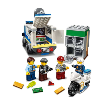 LEGO City Police Monster Truck Heist set with characters, bank, and police motorcycle for kids' imaginative play.