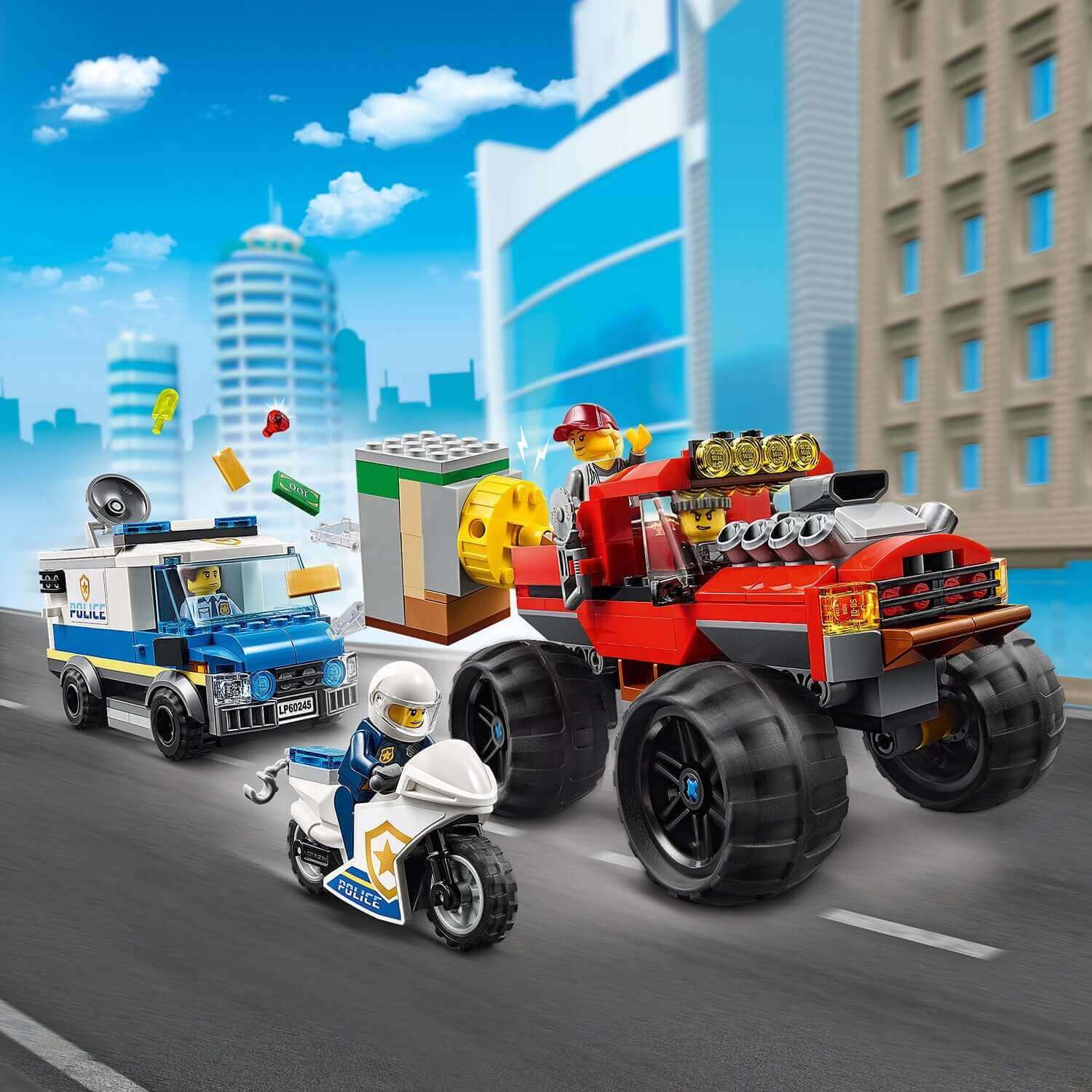 LEGO City Police Monster Truck Heist set 60245 featuring a monster truck, police characters, and a bank in a city scene.
