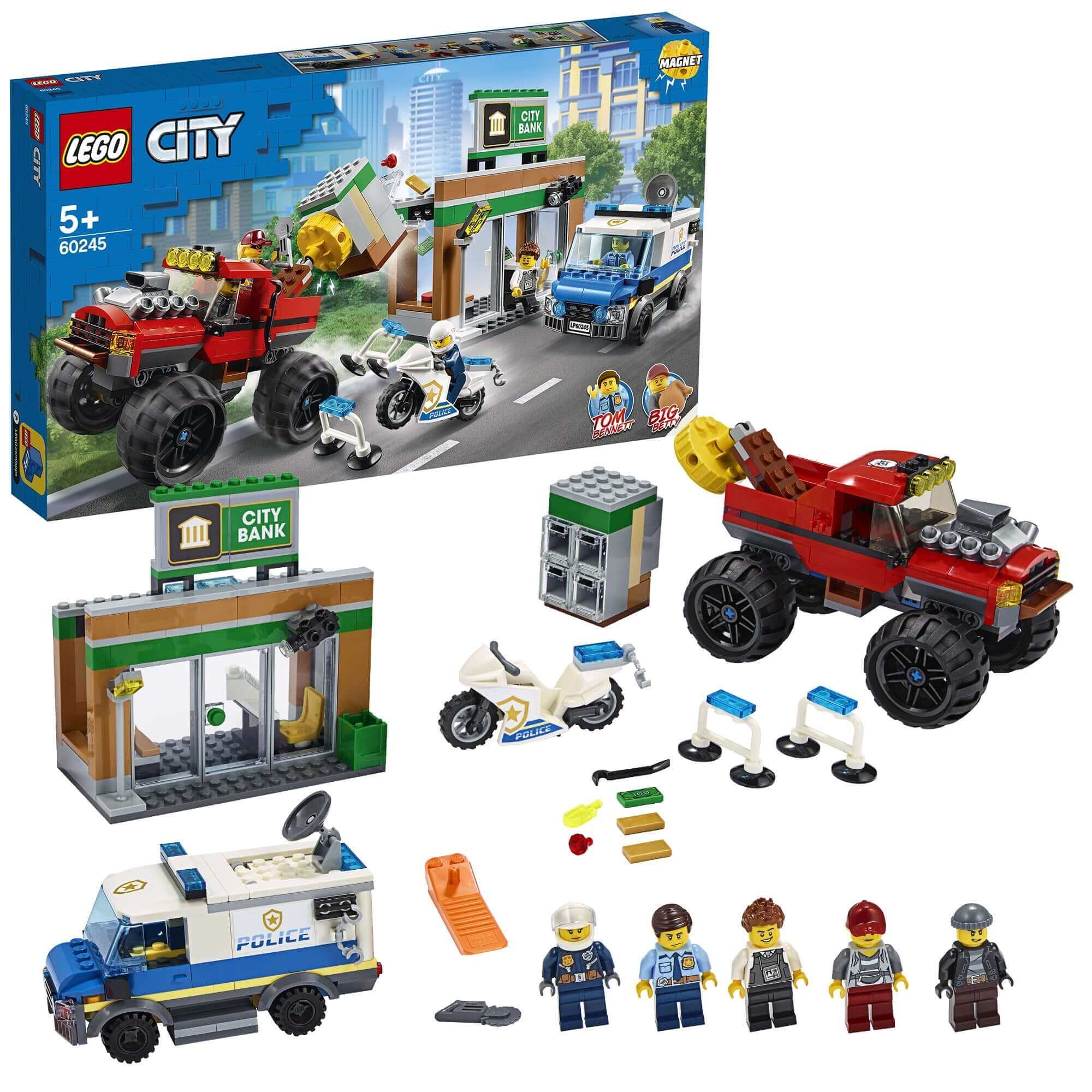 LEGO® City Police Monster Truck Heist set 60245 with bank, police vehicle, and minifigures for creative play.