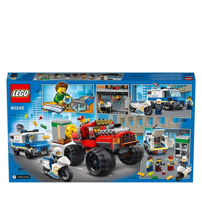 LEGO City Police Monster Truck Heist Toy 60245 with characters, police vehicles, and bank heist scene for kids.