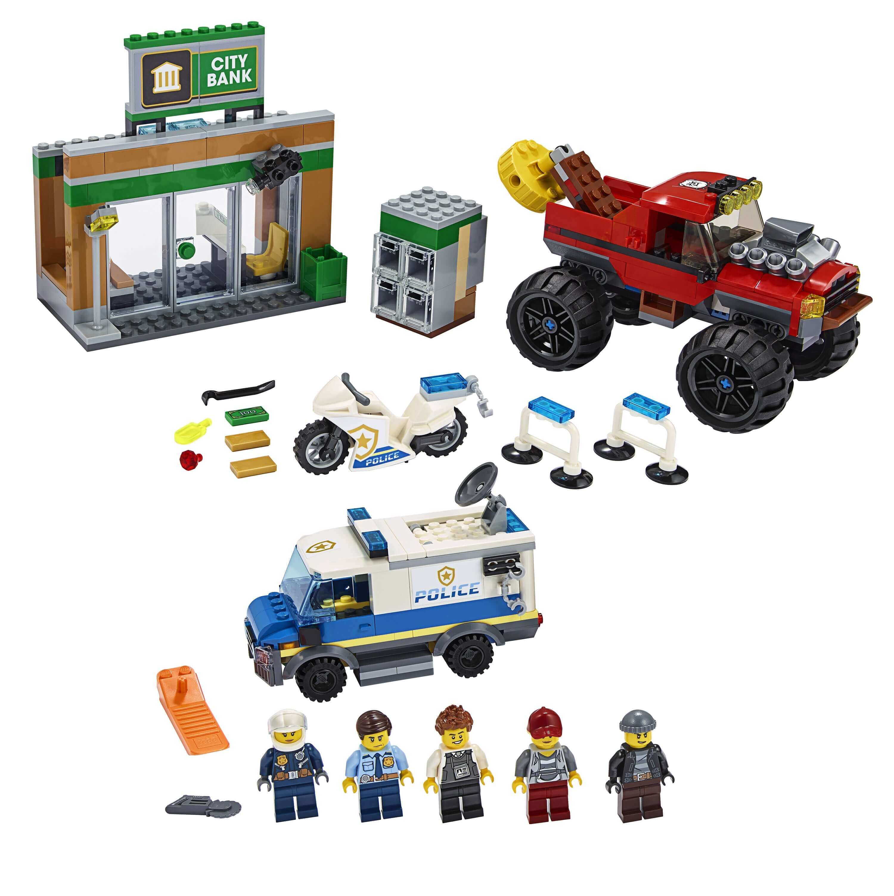 LEGO City Police Monster Truck Heist set 60245 with bank, truck, and characters for creative play.