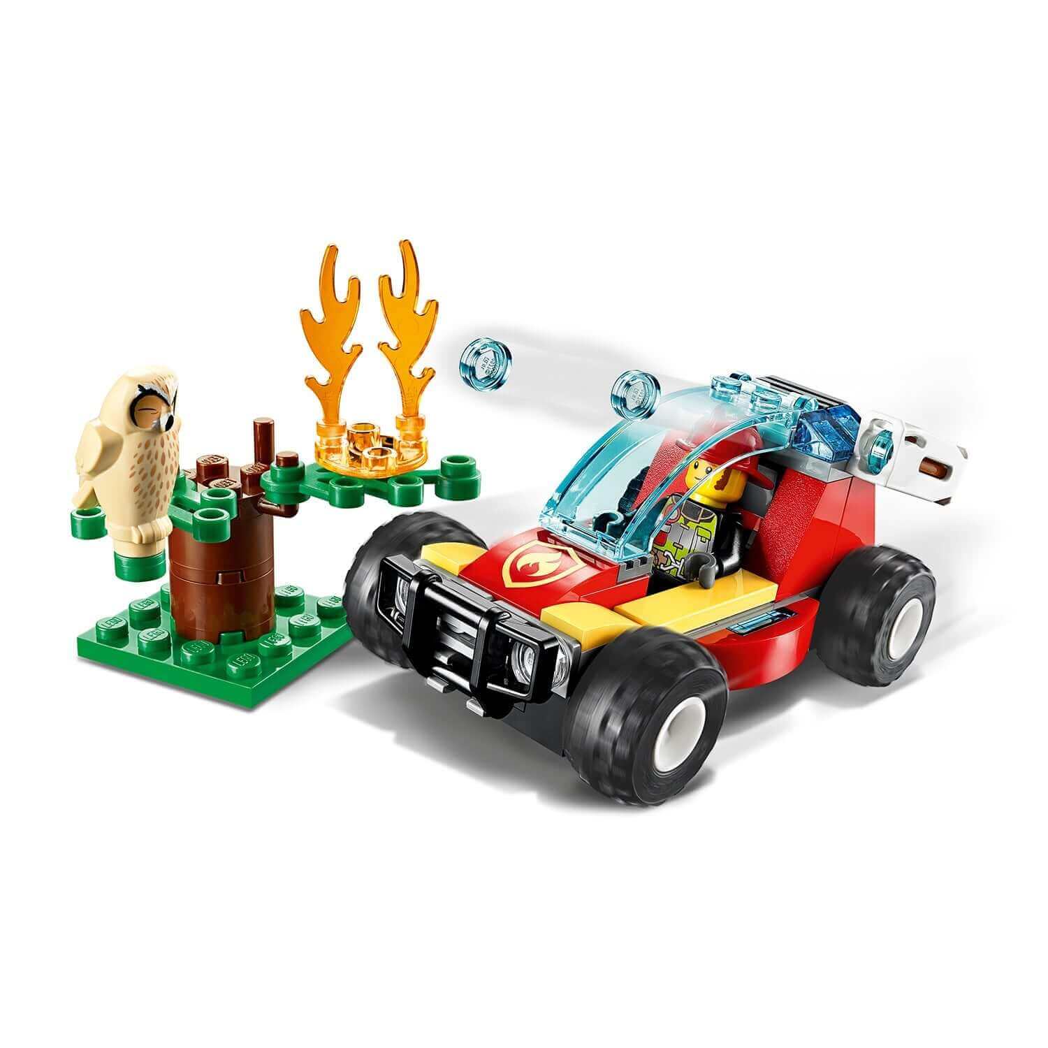 LEGO® City Forest Fire Buggy 60247 with firefighter minifigure, tree, and fire elements for kids' adventure play.