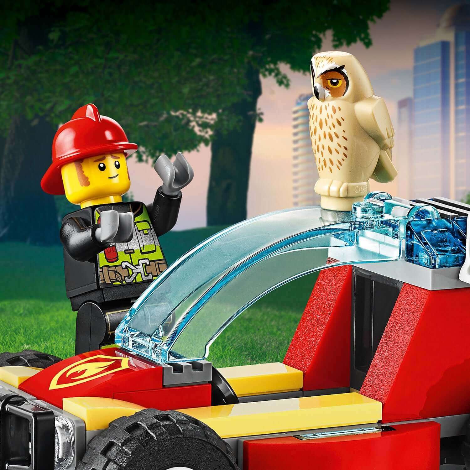 LEGO City Forest Fire Buggy 60247 with firefighter and owl in action-packed play scene.