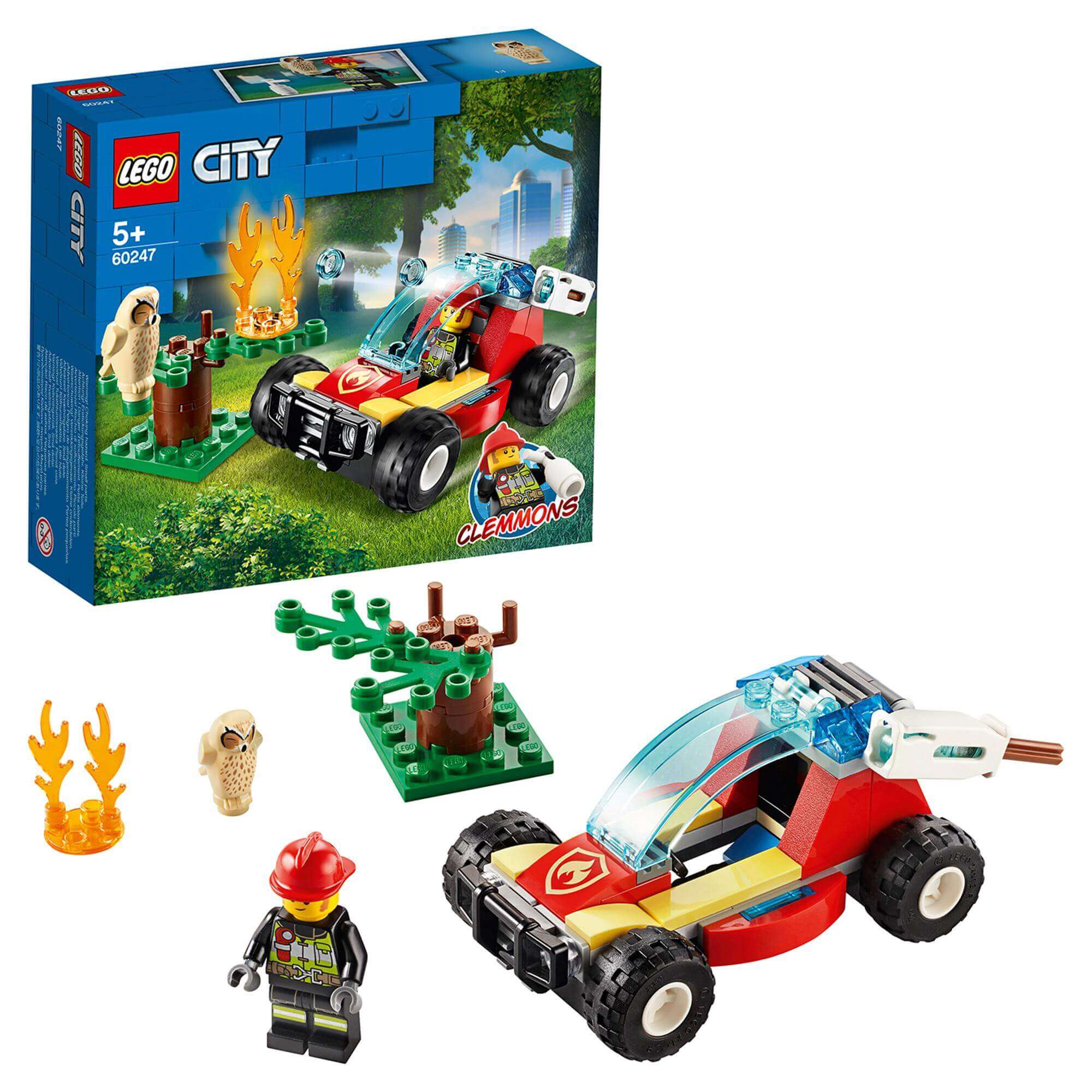 LEGO City Forest Fire Buggy Toy 60247 set with firefighter minifigure and fire accessories for kids aged 5 and up.