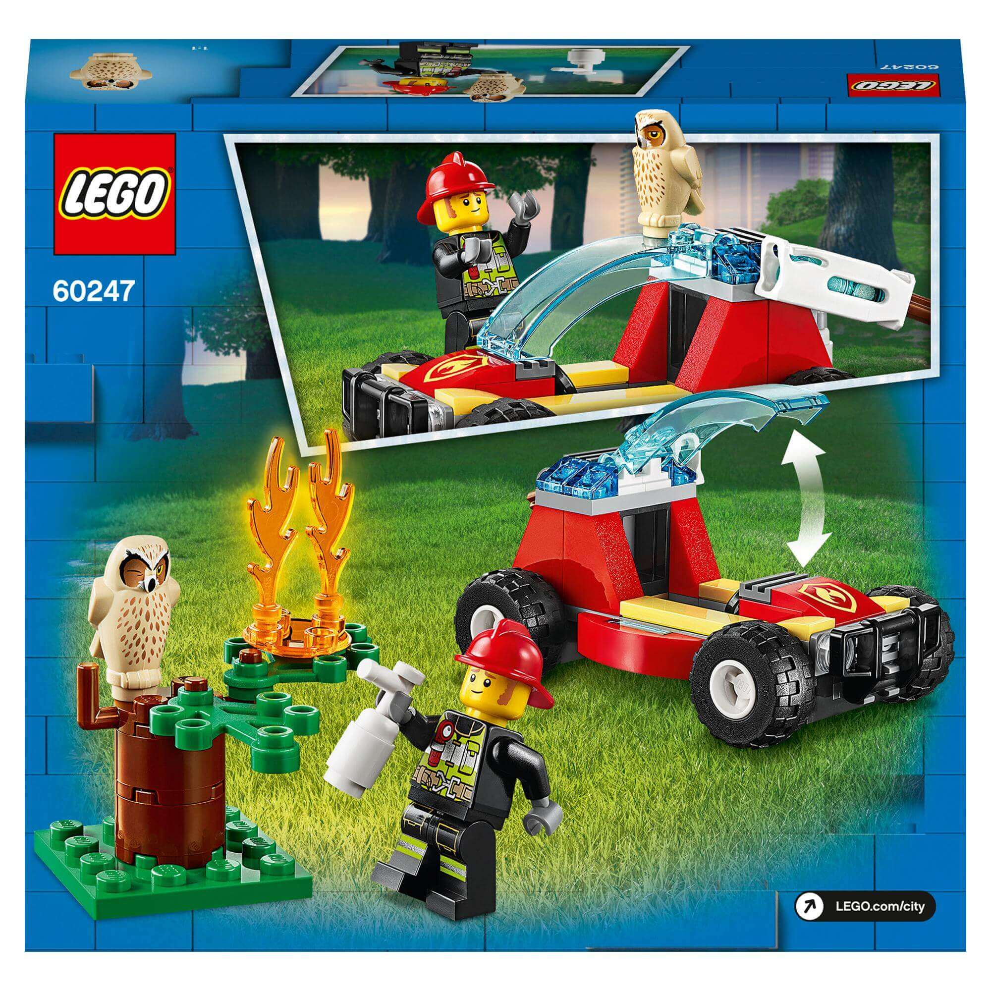 LEGO® City Forest Fire Buggy Toy 60247 featuring firefighter, forest elements and water cannon for action play.