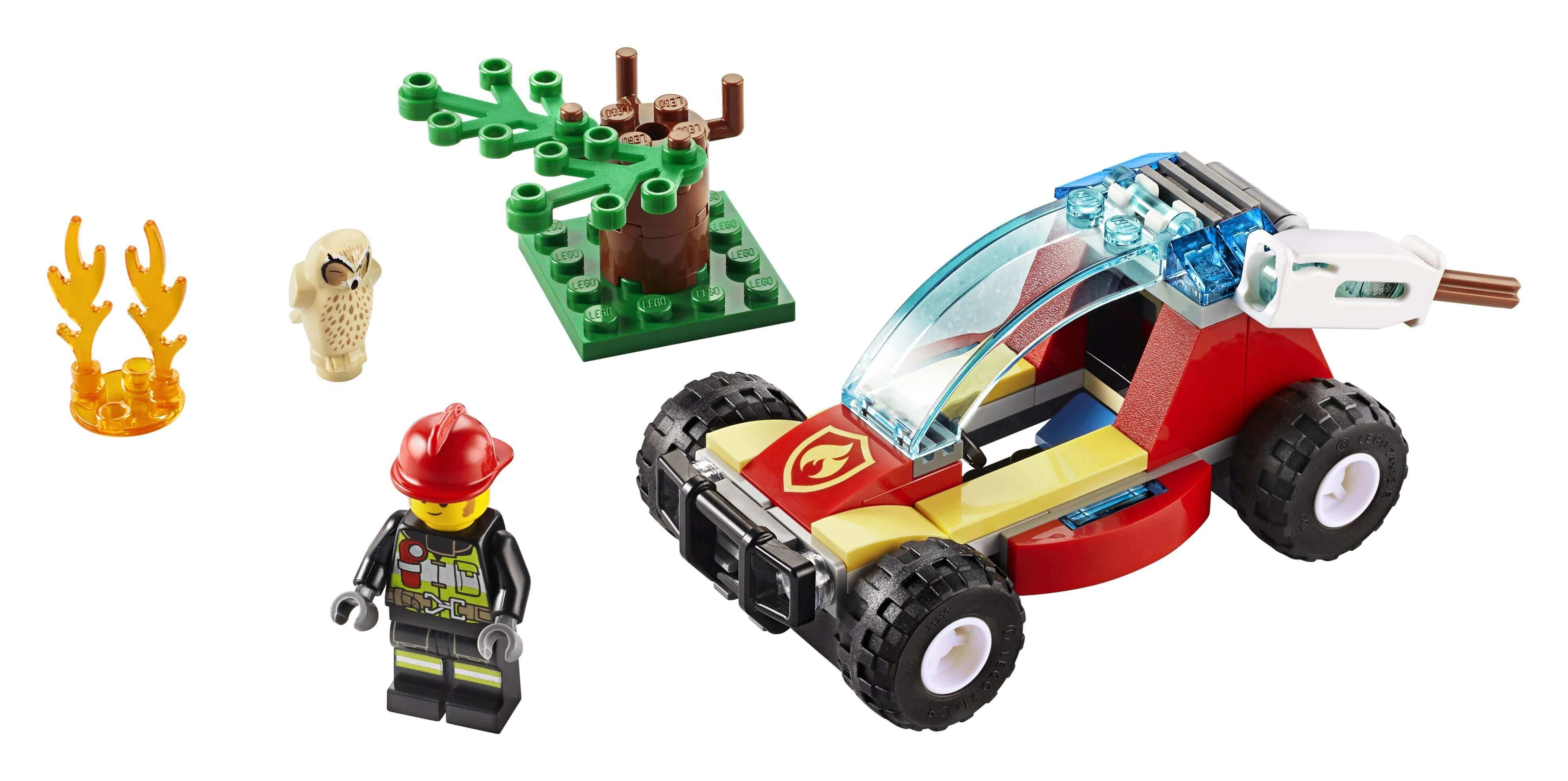 LEGO® City Forest Fire Buggy Toy 60247 with firefighter minifigure, tree, flames, and owl for adventurous play.