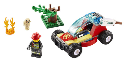 LEGO® City Forest Fire Buggy Toy 60247 with firefighter minifigure, tree, flames, and owl for adventurous play.