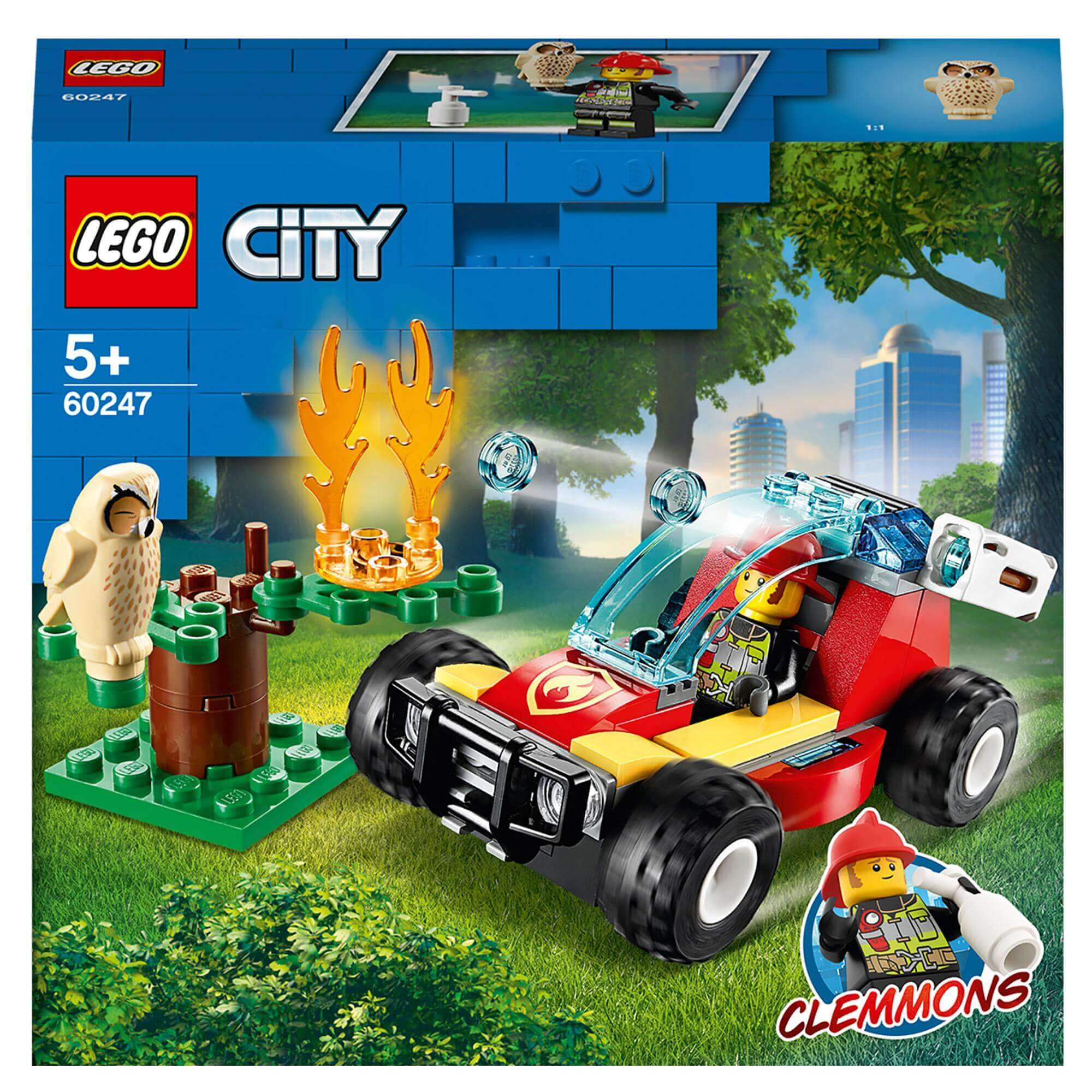 LEGO City Forest Fire Buggy Toy 60247 set features a firefighter, buggy, and forest scene for kids aged 5 and up.