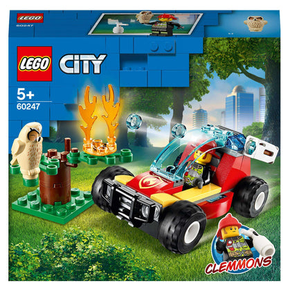 LEGO City Forest Fire Buggy Toy 60247 set features a firefighter, buggy, and forest scene for kids aged 5 and up.