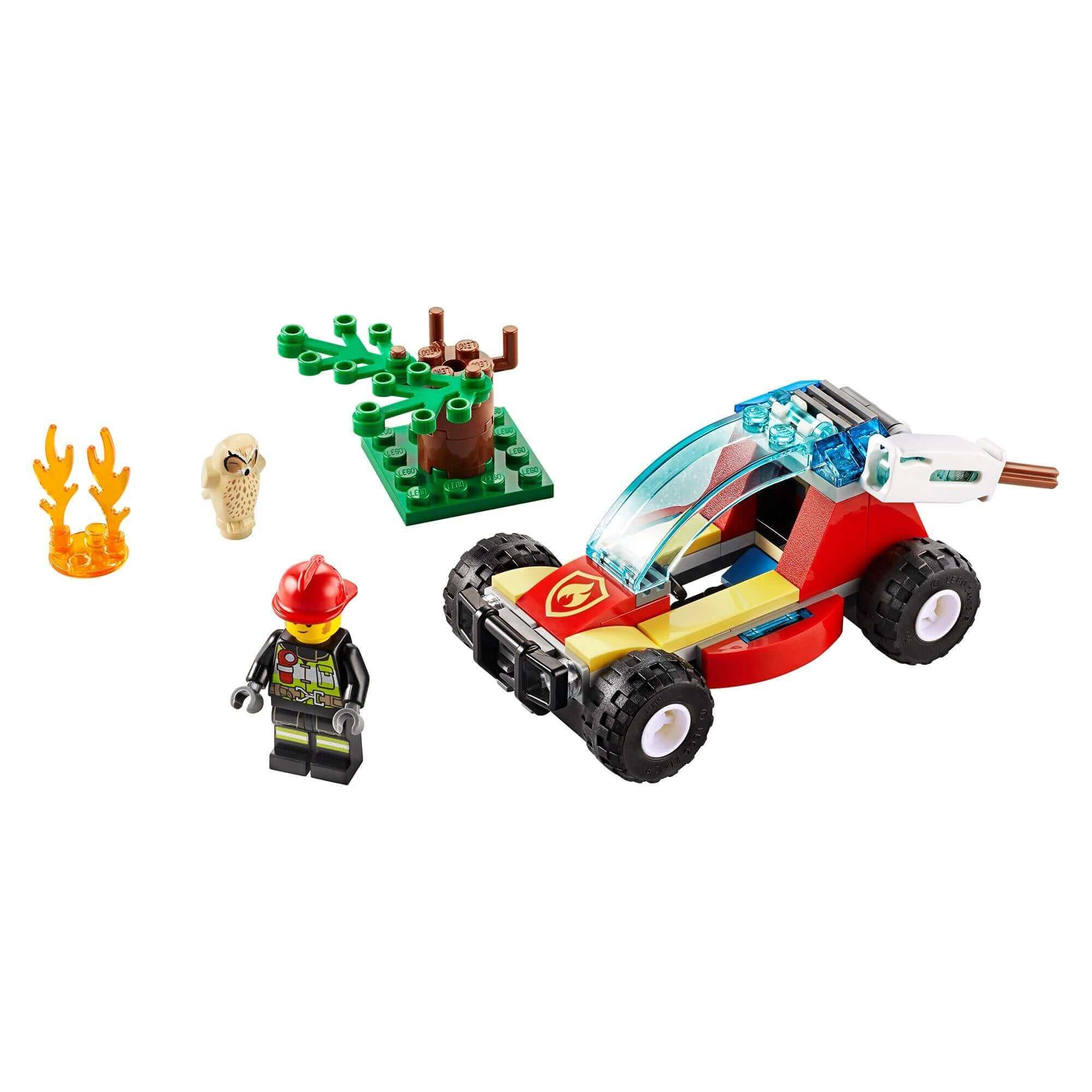 LEGO® City Forest Fire Buggy 60247 set with fire truck, firefighter minifigure, tree, and flames for kids' adventure play.