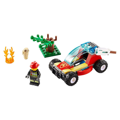 LEGO® City Forest Fire Buggy 60247 set with fire truck, firefighter minifigure, tree, and flames for kids' adventure play.