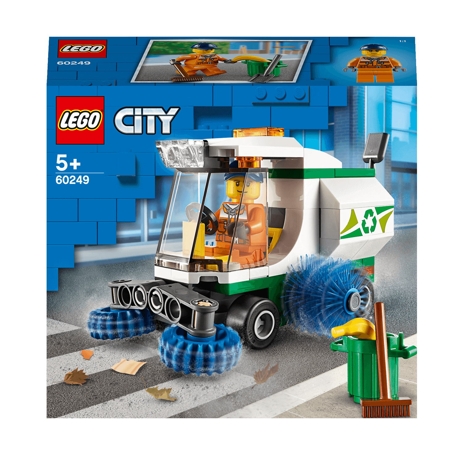 LEGO City Great Vehicles Street Sweeper Toy 60249 with spinning brushes and driver minifigure for kids 5+.