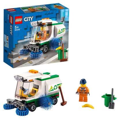 LEGO City Great Vehicles Street Sweeper 60249 with driver minifigure and cleaning accessories for kids.