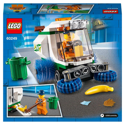 LEGO® City Great Vehicles Street Sweeper Toy 60249 with driver minifigure, spinning brushes, and colorful waste items.