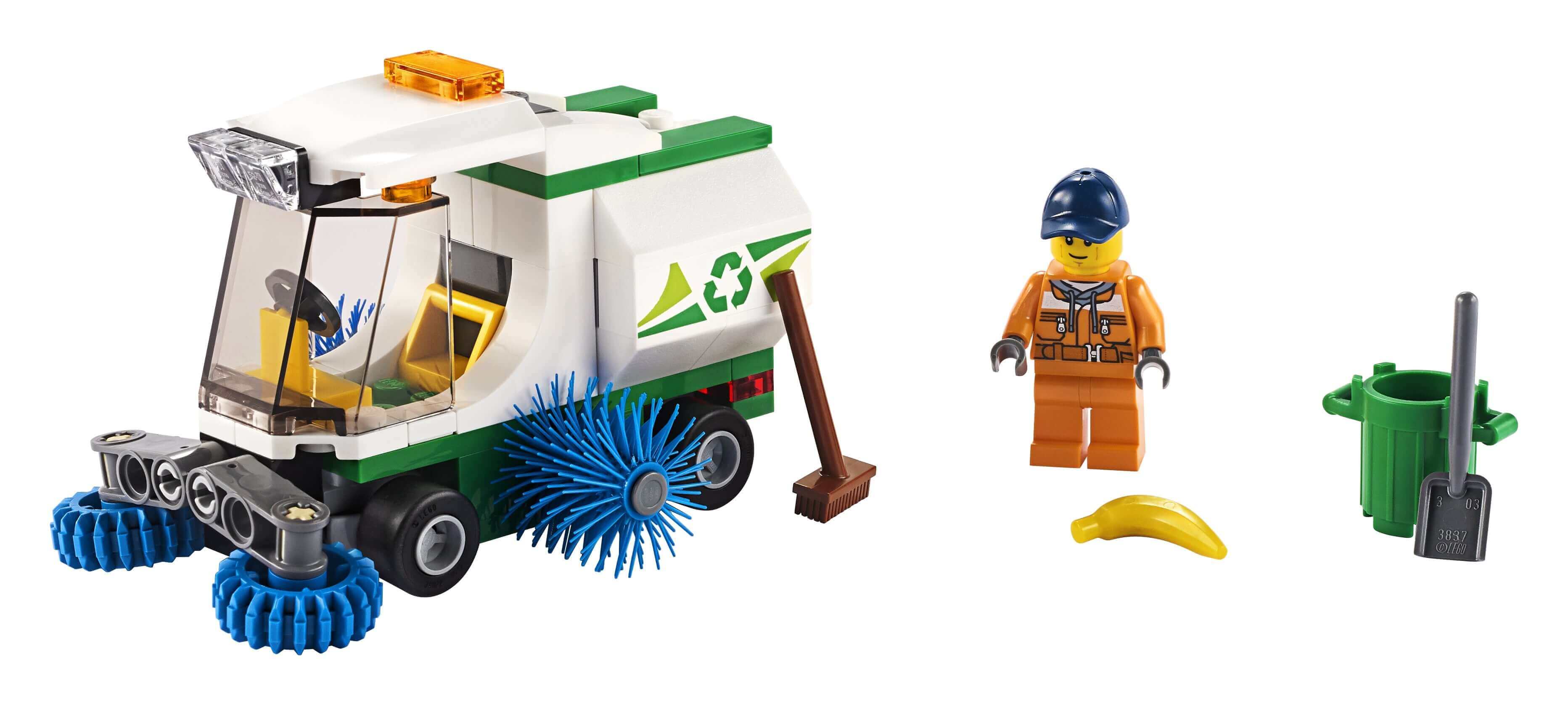 LEGO® City Street Sweeper Toy 60249 with spinning brushes, driver minifigure, trash can, and accessories.