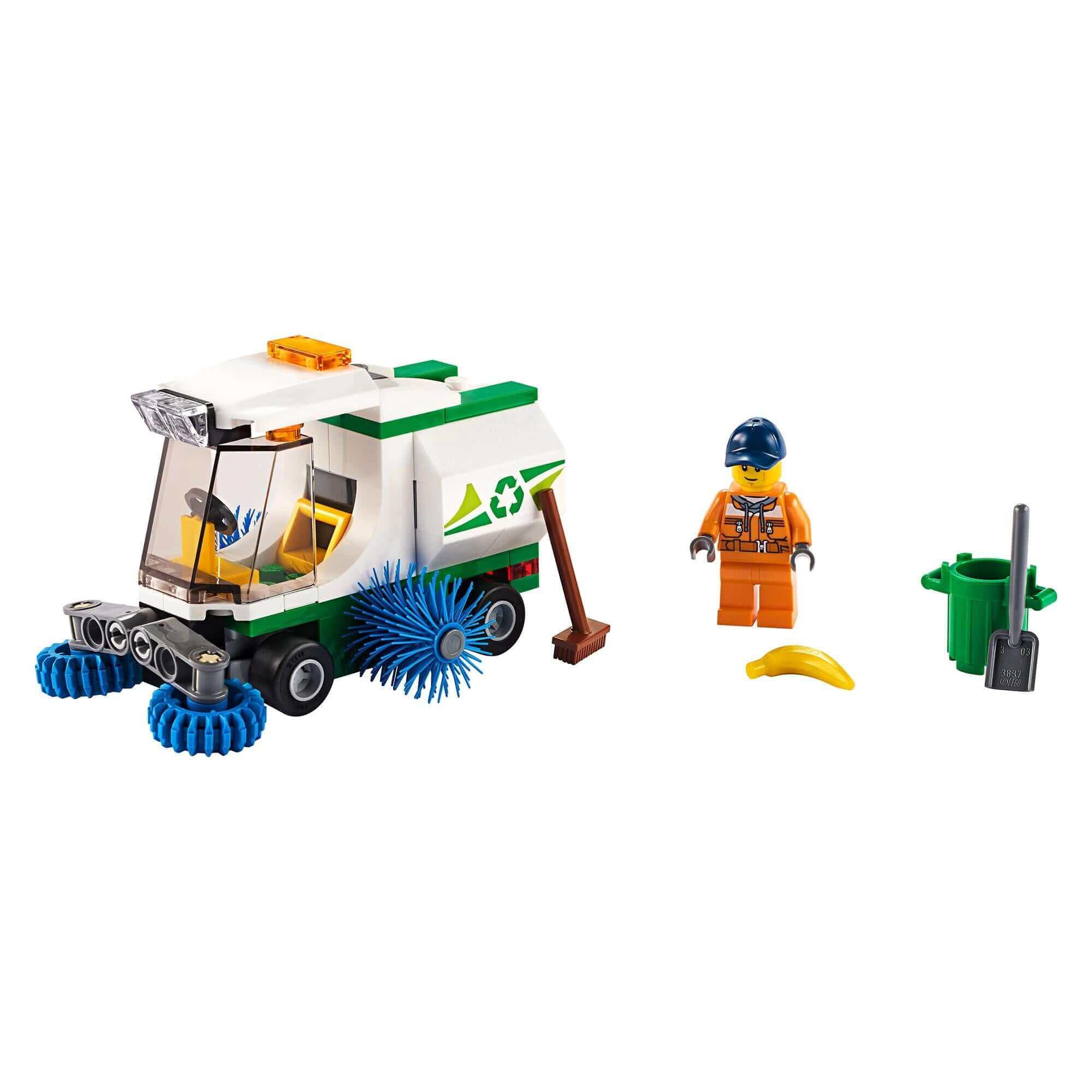 LEGO City Great Vehicles Street Sweeper 60249 toy with minifigure, spinning brushes, and cleaning accessories.