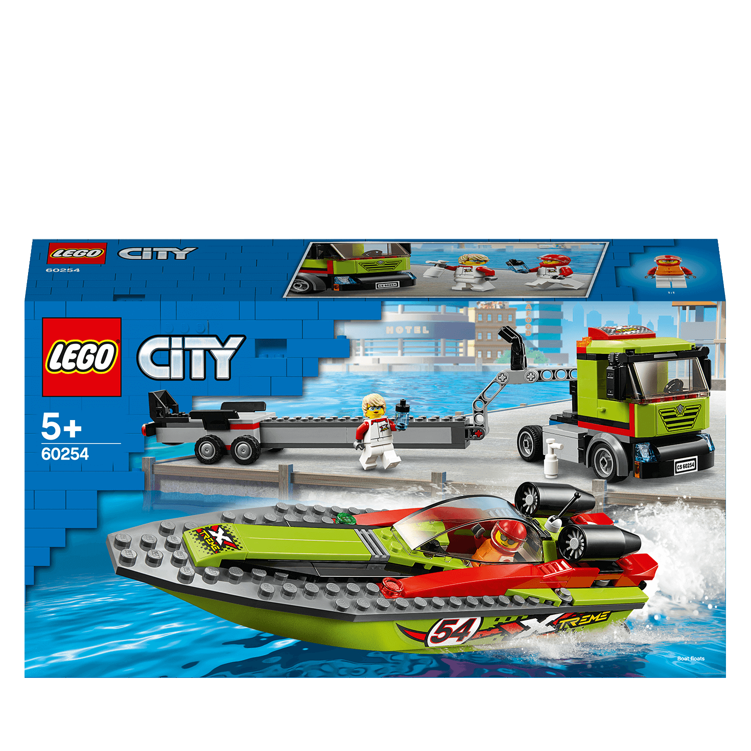 LEGO City Great Vehicles Race Boat Transporter 60254 with speed boat, truck, and minifigures, perfect for young racing fans.