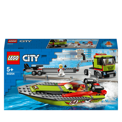 LEGO City Great Vehicles Race Boat Transporter 60254 with speed boat, truck, and minifigures, perfect for young racing fans.