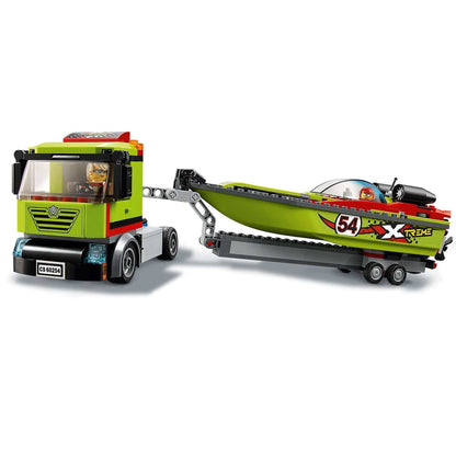 LEGO City Race Boat Transporter 60254 featuring a truck and a floating speed boat with racing minifigures.