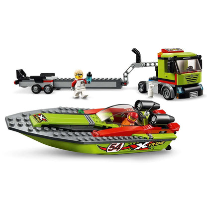 LEGO City Great Vehicles Race Boat Transporter 60254 with sporty racing boat, truck, and minifigures for racing fun.