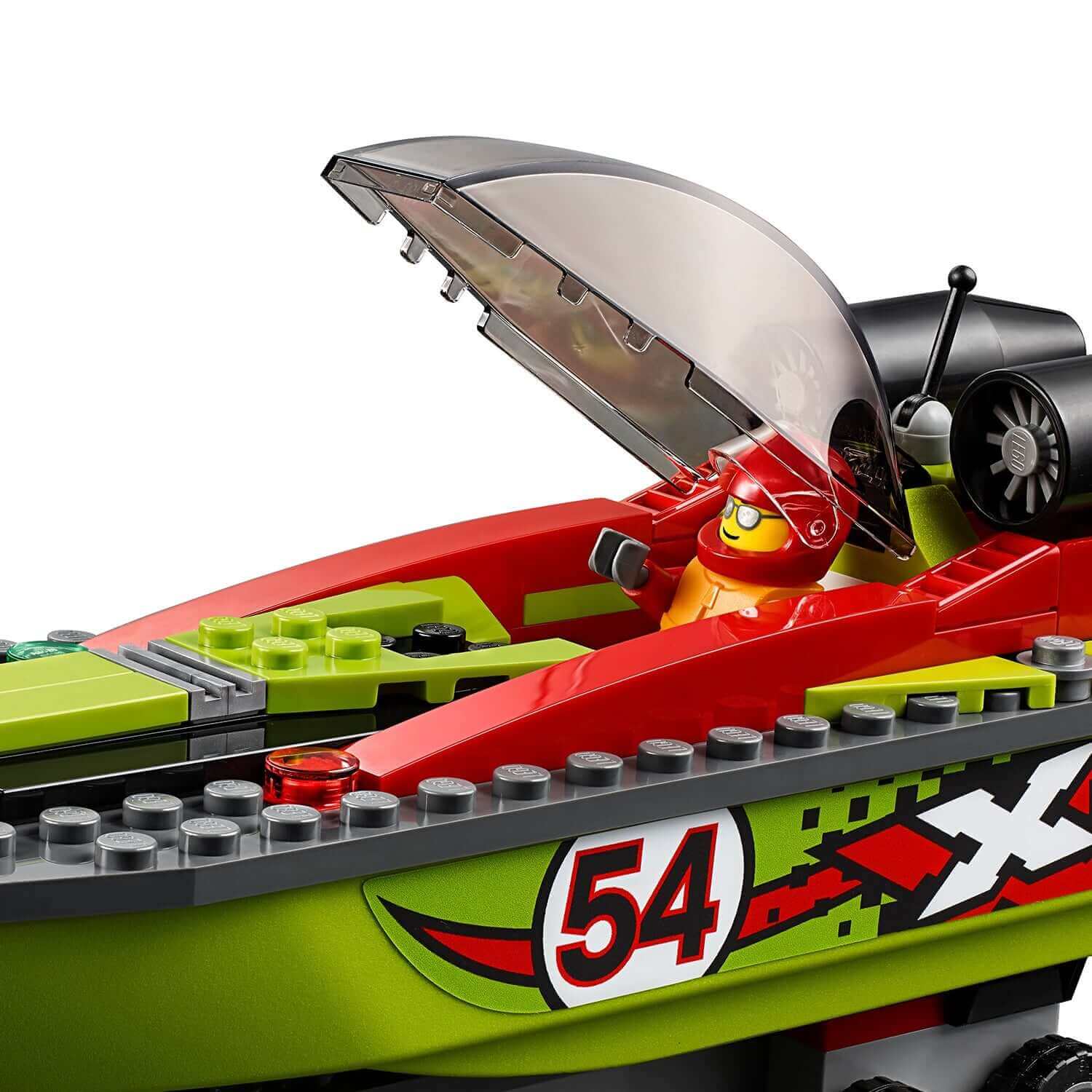 LEGO® City Race Boat with driver minifigure in a sporty design, featuring a transparent canopy.