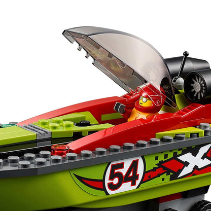 LEGO® City Race Boat with driver minifigure in a sporty design, featuring a transparent canopy.