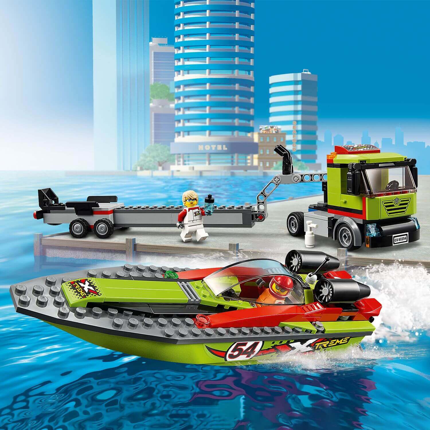 LEGO City Race Boat Transporter 60254 with floating speed boat, minifigures, and city backdrop in vibrant colors.