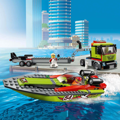 LEGO City Race Boat Transporter 60254 with floating speed boat, minifigures, and city backdrop in vibrant colors.