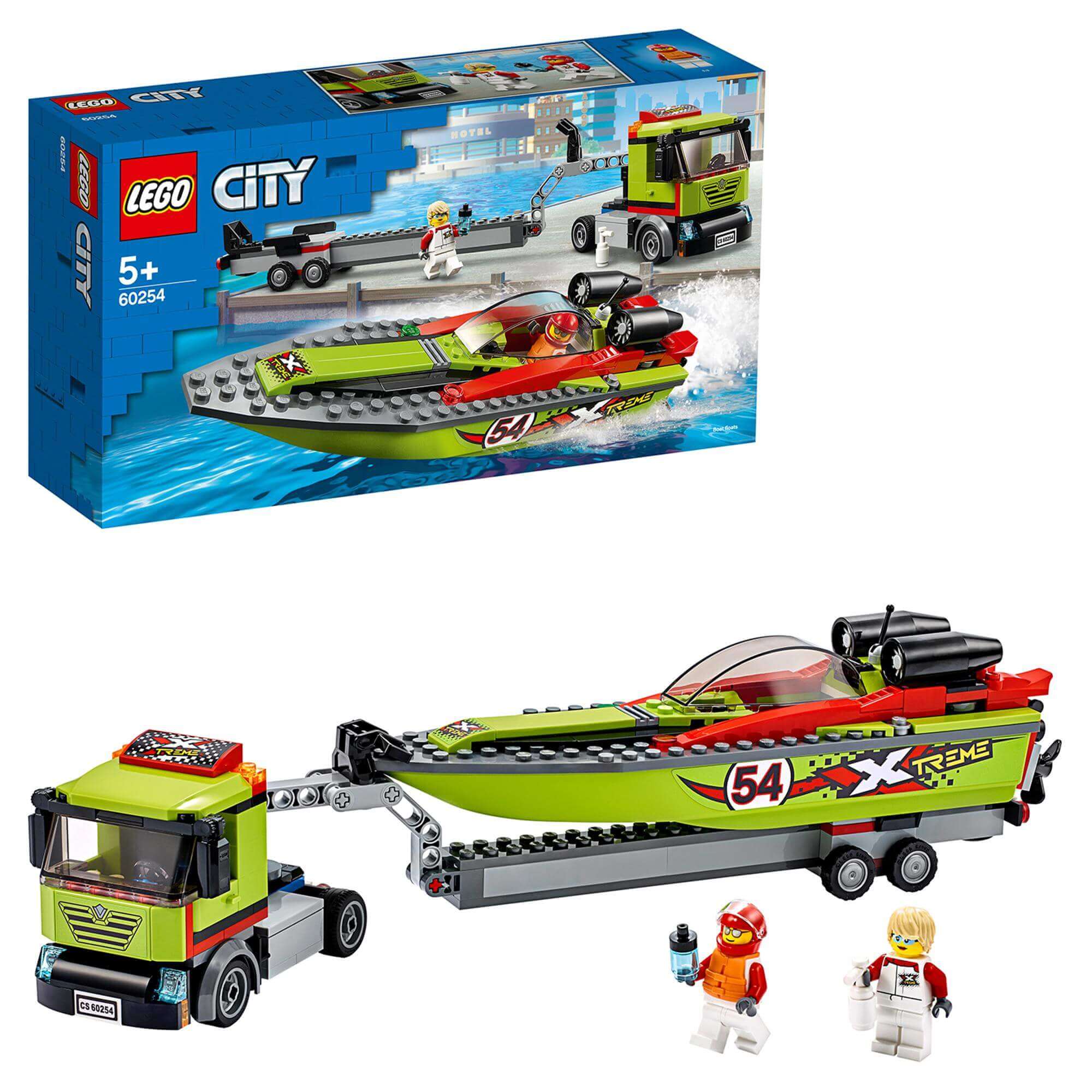 LEGO® City Great Vehicles Race Boat Transporter 60254 with a floating speed boat and minifigures for racing fun.