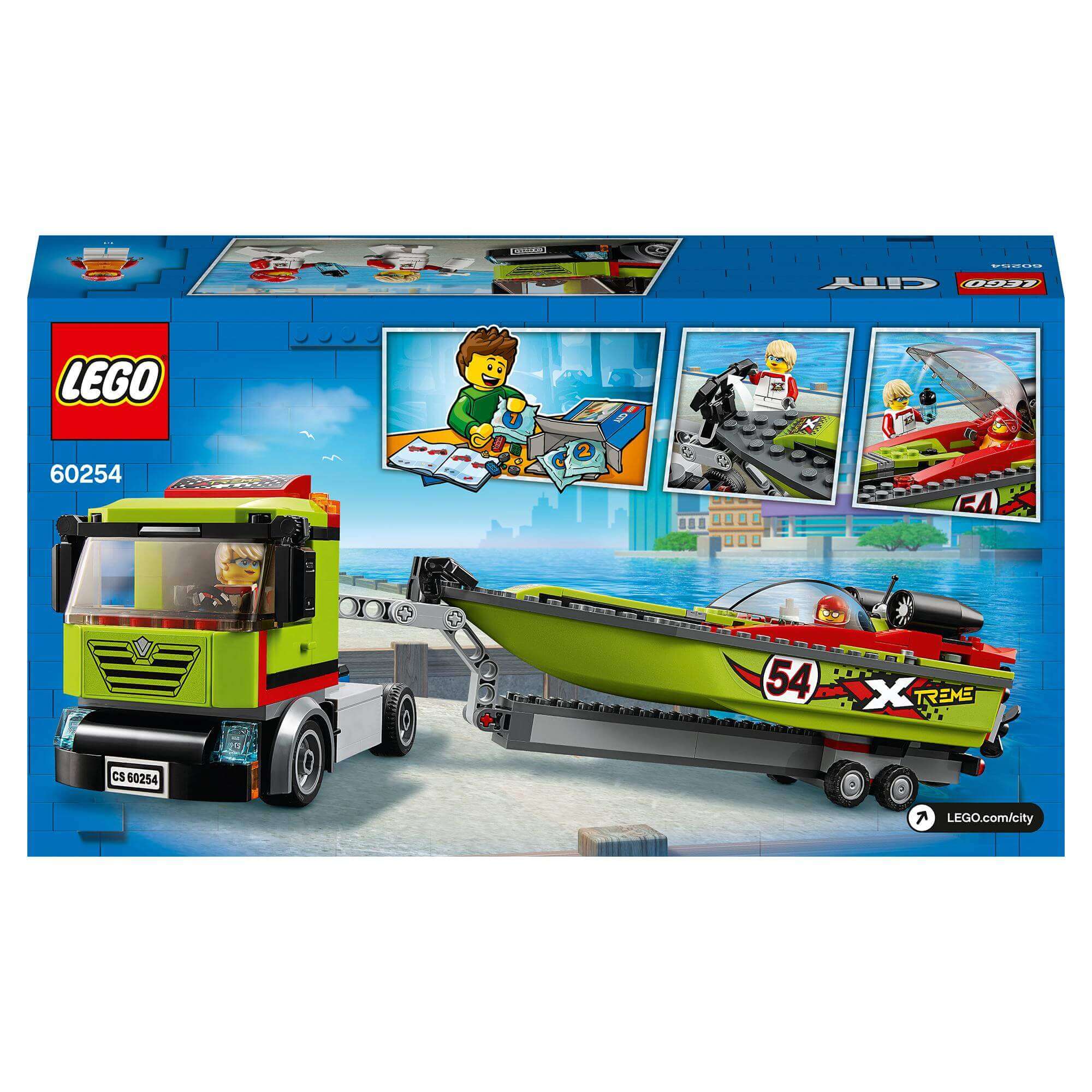 LEGO City Great Vehicles Race Boat Transporter 60254 with truck and speed boat, featuring racing minifigures on display.