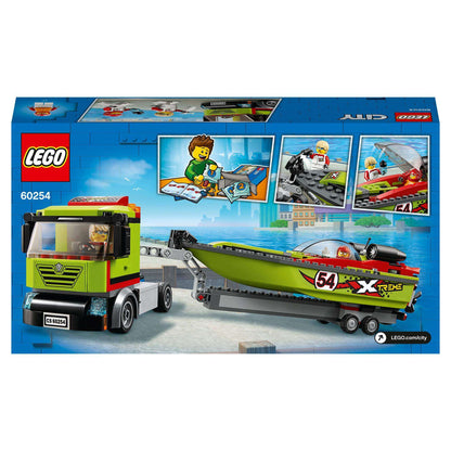 LEGO City Great Vehicles Race Boat Transporter 60254 with truck and speed boat, featuring racing minifigures on display.
