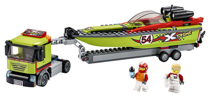 LEGO® City Great Vehicles Race Boat Transporter 60254 with sporty speed boat, mini racing and truck driver figures.