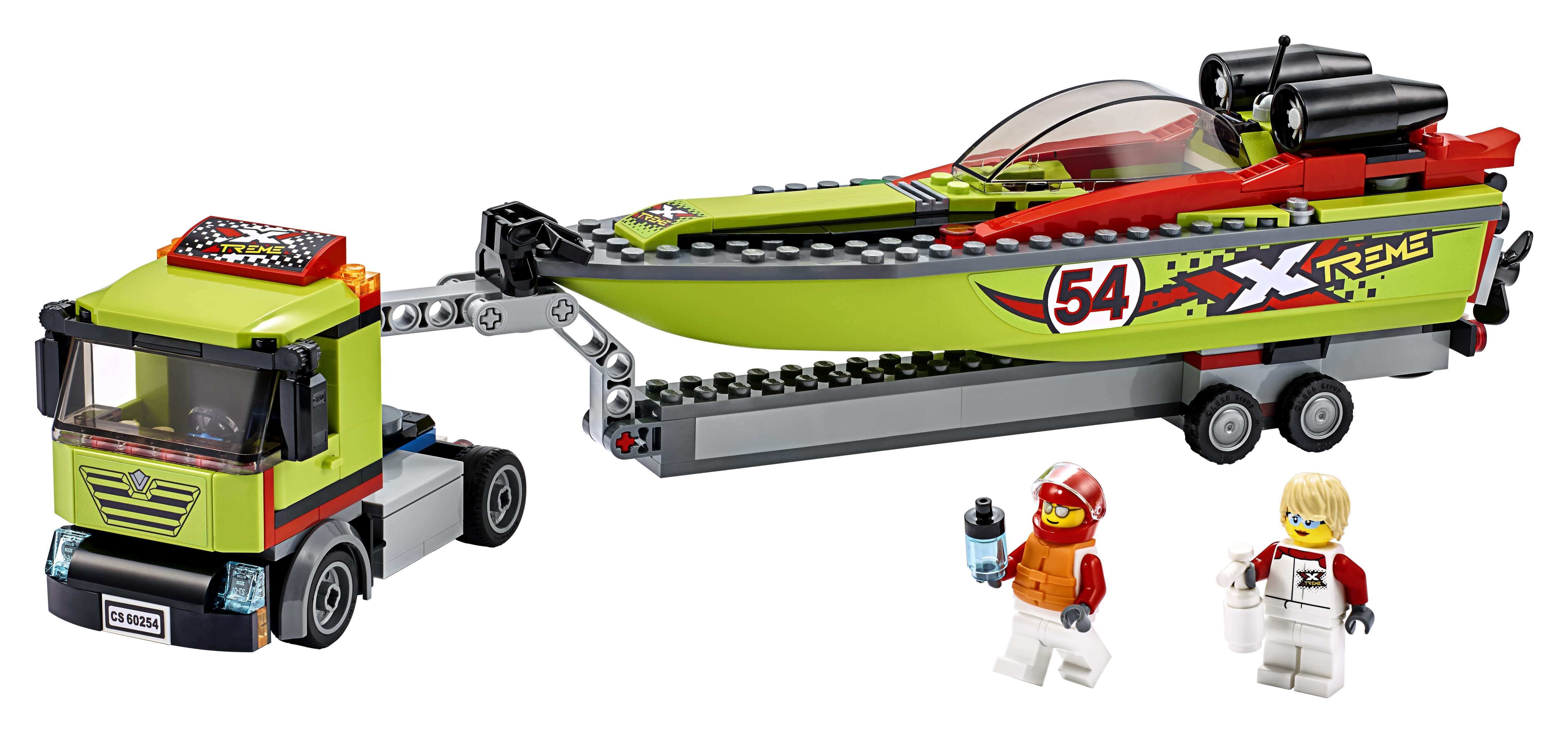 LEGO® City Great Vehicles Race Boat Transporter 60254 with sporty speed boat, mini racing and truck driver figures.