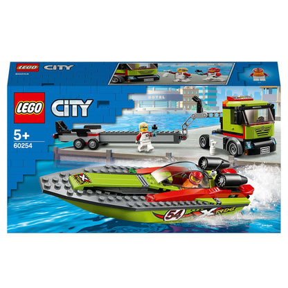 LEGO City Great Vehicles Race Boat Transporter 60254 with floating speed boat and minifigures for kids age 5 and up.