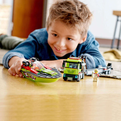 Child playing with LEGO® City Racing Boat Transporter 60254, featuring a floating speed boat and minifigures.