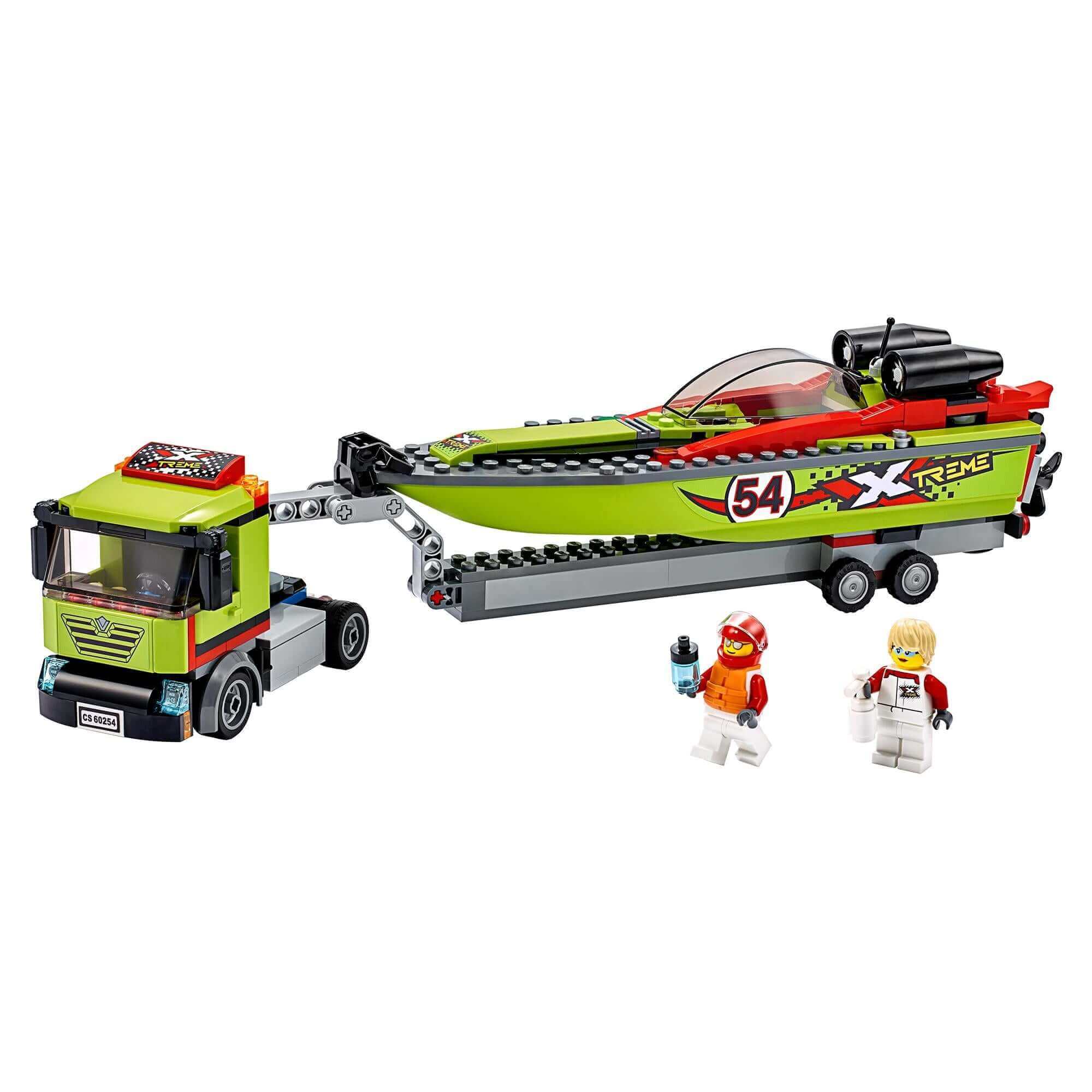 LEGO City Great Vehicles Race Boat Transporter 60254 with speed boat, truck, and minifigures for racing fun.