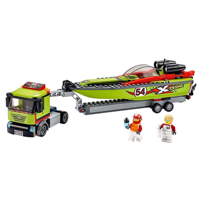 LEGO City Great Vehicles Race Boat Transporter 60254 with speed boat, truck, and minifigures for racing fun.