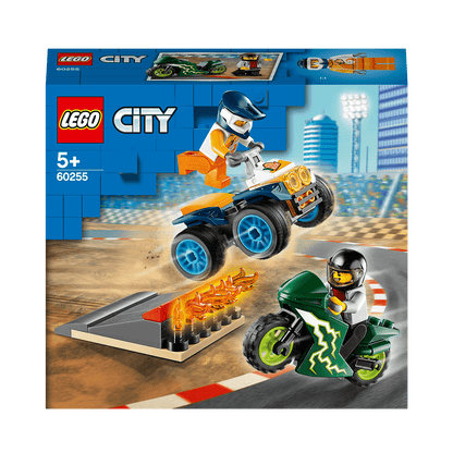 LEGO City Nitro Wheels Stunt Team Set 60255 featuring ATV, motorcycle, ramp, and minifigures for kids 5+.